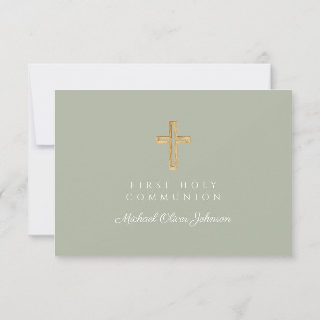 Religious Cross Sage Green First Communion  RSVP Card (Back)