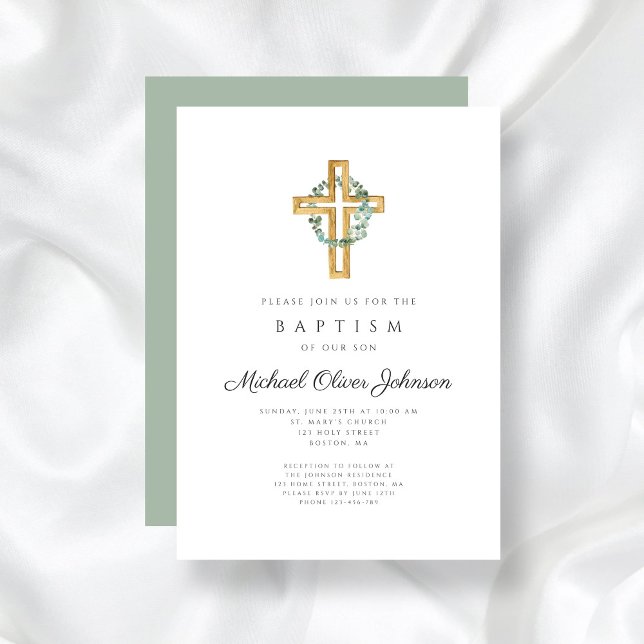 Religious Cross Sage Green Floral Wreath Baptism Invitation (Religious Cross Sage Green Floral Wreath Baptism Invitation)