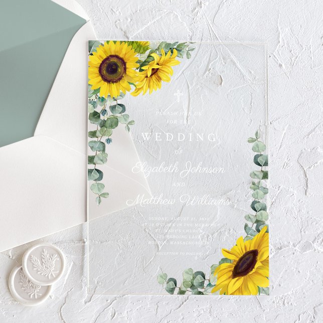 Religious Cross Sage Green Lace Sunflower Acrylic Invitations (Religious Cross Sage Green Lace Sunflower Acrylic Invitations)