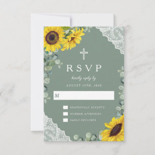 Religious Cross Sage Green Sunflower Lace Wedding RSVP Card