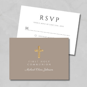 Religious Cross Taupe Boy First Communion RSVP Card