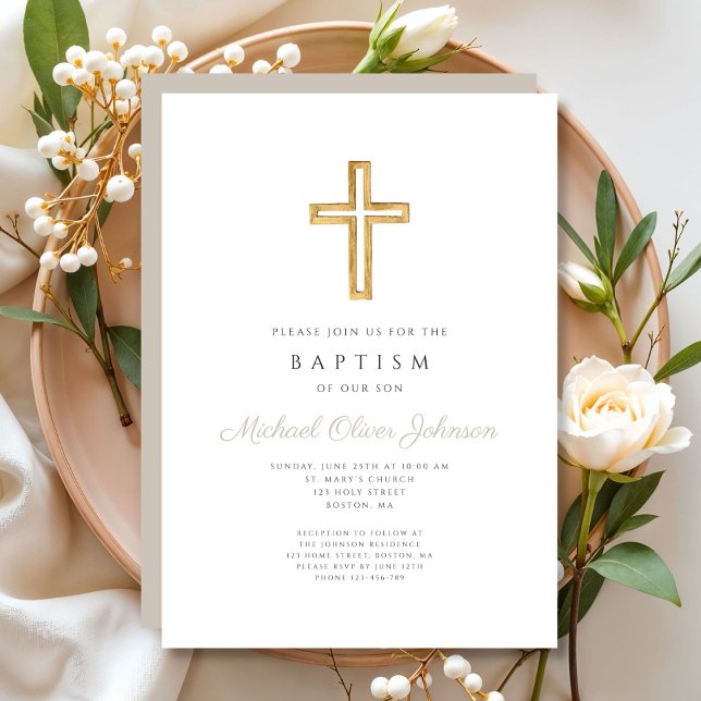 Religious Cross Taupe Script Boy Baptism Invitation (Religious Cross Taupe Script Boy Baptism Invitation)