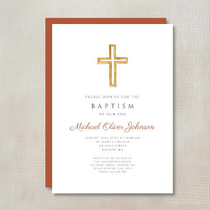 Religious Cross Terracotta Script Baptism Invitation