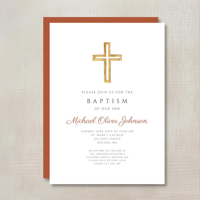 Religious Cross Terracotta Script Baptism Invitation (Religious Cross Terracotta Script Baptism Invitation)