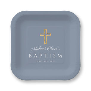 Religious Dusty Blue Script Cross Boy Baptism Paper Plate