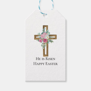 Religious Easter He is Risen Wood Cross Floral Gift Tags