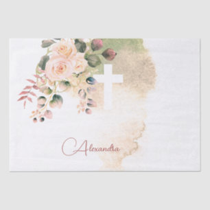 Religious Elegant Roses Pink Cross Personal Tissue Paper