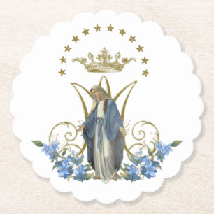 Religious Elegant Virgin Mary Floral Gold Paper Coaster