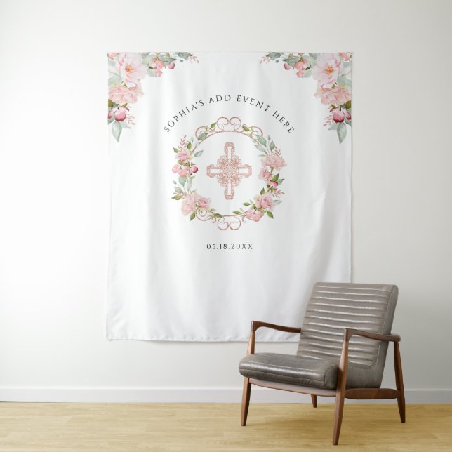 Religious Event, Blush Peach Floral Photo Backdrop Tapestry (In Situ)