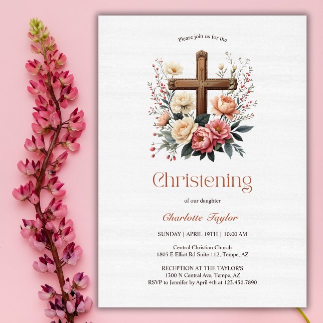 Religious Floral Catholic Cross Girl Christening Invitation (Religious Floral Catholic Cross Girl Christening Invitation)