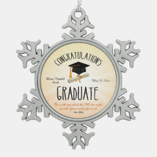 Religious Graduation Gold Starburst with Black Cap Snowflake Pewter Christmas Ornament