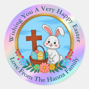 Religious Happy Easter, Bunny with Cross & Egg Classic Round Sticker