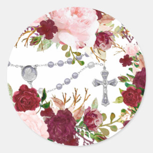 Religious Holy Rosary Pink Roses Floral Square Classic Round Sticker