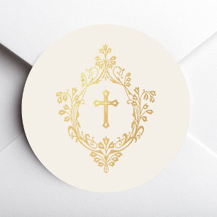 Religious Ivory Faux Gold Cross in Crest Vintage  Classic Round Sticker