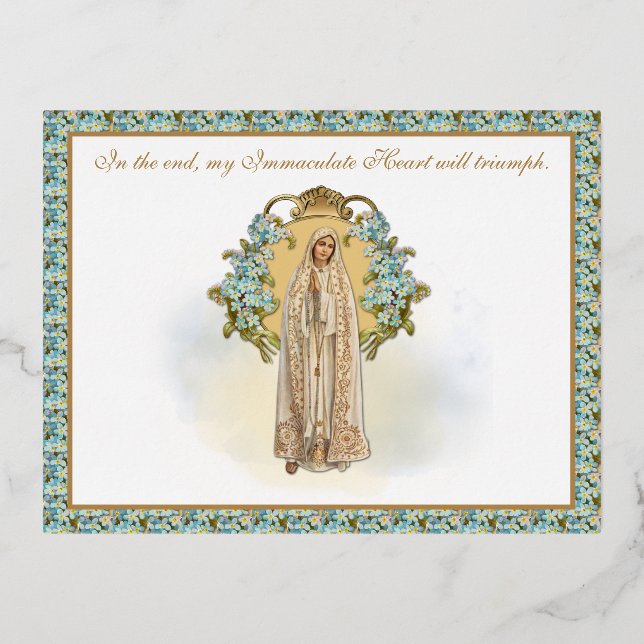 Religious Lady of Fatima Catholic Immaculate Heart Foil Invitation Postcard (Front)