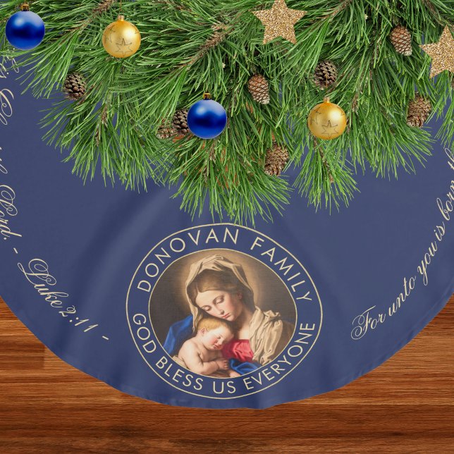 Religious Madonna and Child Bible Verse Christmas Brushed Polyester Tree Skirt (Religious Christmas tree skirt with Bible verse and Madonna and Child in navy blue and gold)