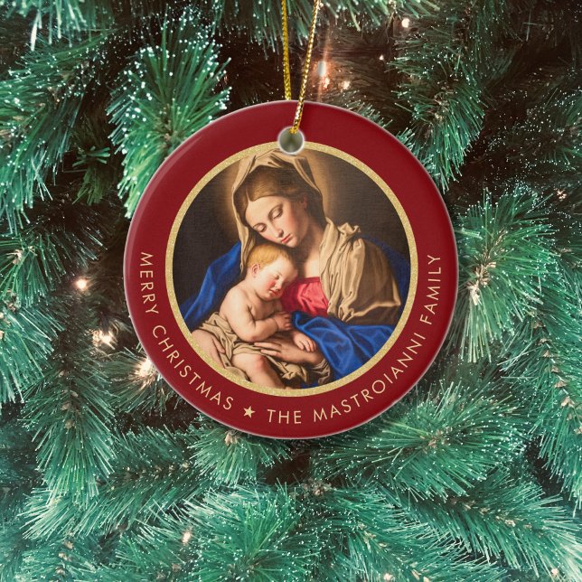 Religious Madonna & Child Catholic Christmas Gift  Ceramic Tree Decoration (Catholic Christmas ornament with Madonna and Child in red and gold with family name)