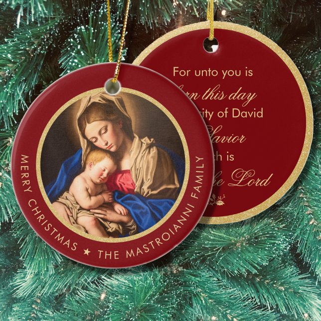 Religious Madonna & Child Christmas Gift Ceramic Tree Decoration (Red and gold religious Christmas ornament with Madonna and Child and Bible verse)