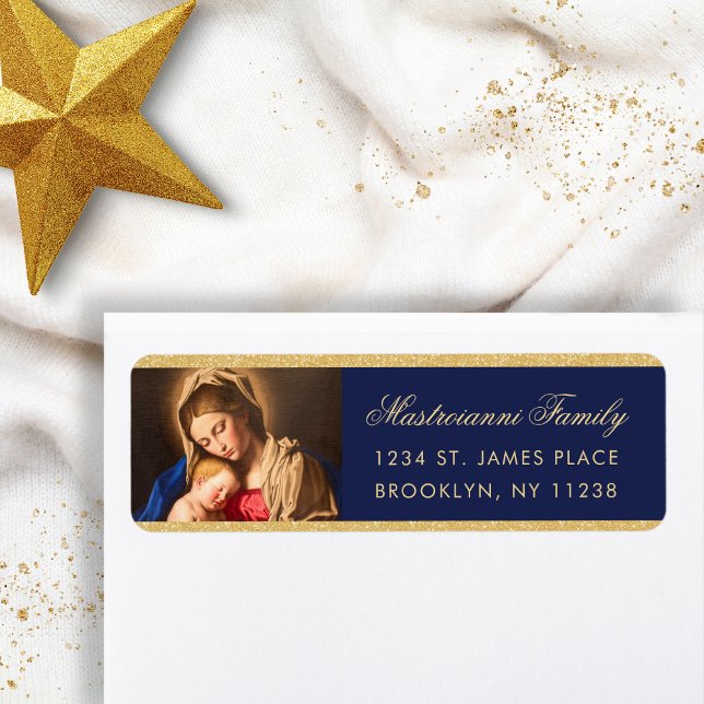 Religious Madonna & Child Christmas Return Address (Religious Christmas address label in midnight blue and gold with the Madonna and Child for Catholics)