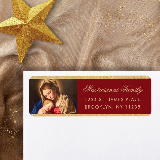 Religious Madonna & Child Christmas Return Address (Religious Christmas address label in red and gold with the Madonna and Child for Catholics)