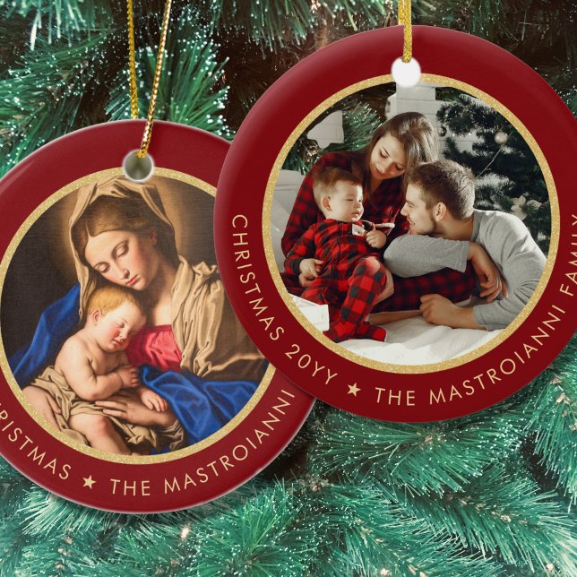 Religious Madonna & Child Photo Family Christmas Ceramic Tree Decoration (Red and gold religious Christmas ornament with Madonna and Child and family photo)
