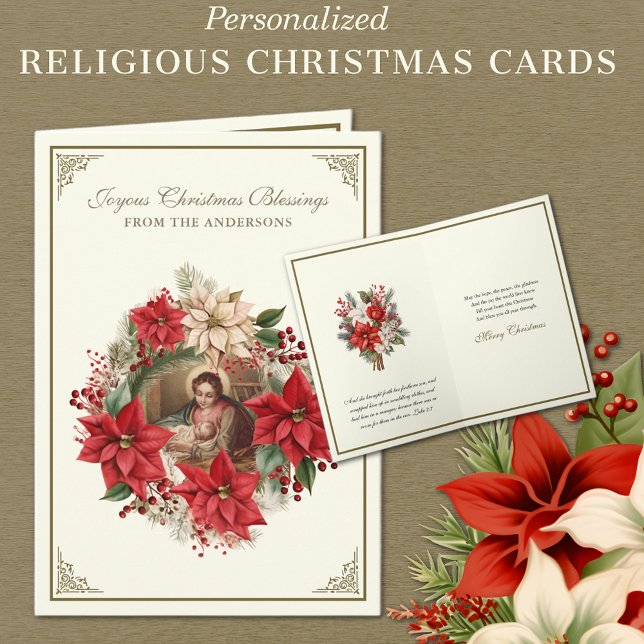 Religious Merry Christmas Nativity Poinsettias Holiday Card (Personalized Religious Vintage Christmas Cards with Blessed Virgin Mary and Jesus - Red Poinsettias)
