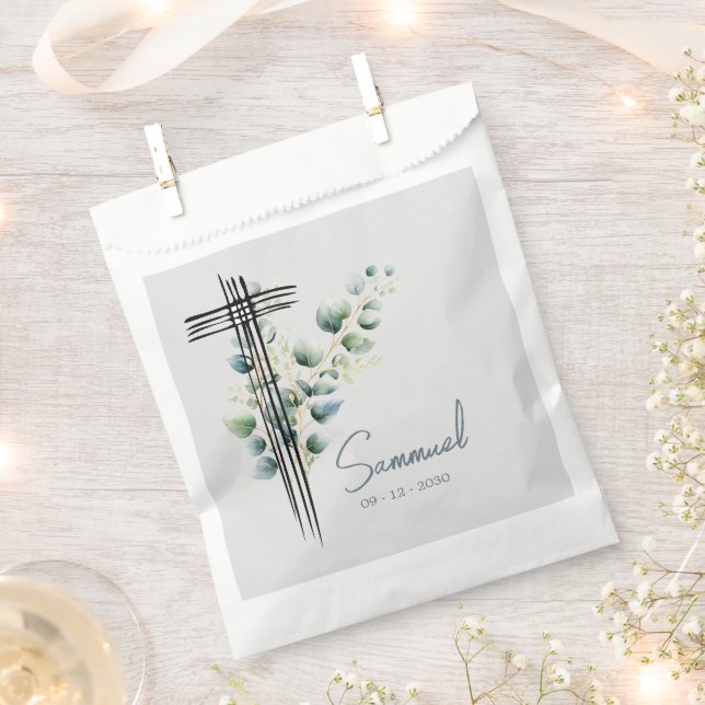 Religious Modern Botanical Blue Cross Favour Bags (Clipped)