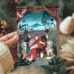 Religious nativity scene blue, red Mary & Joseph Holiday Card