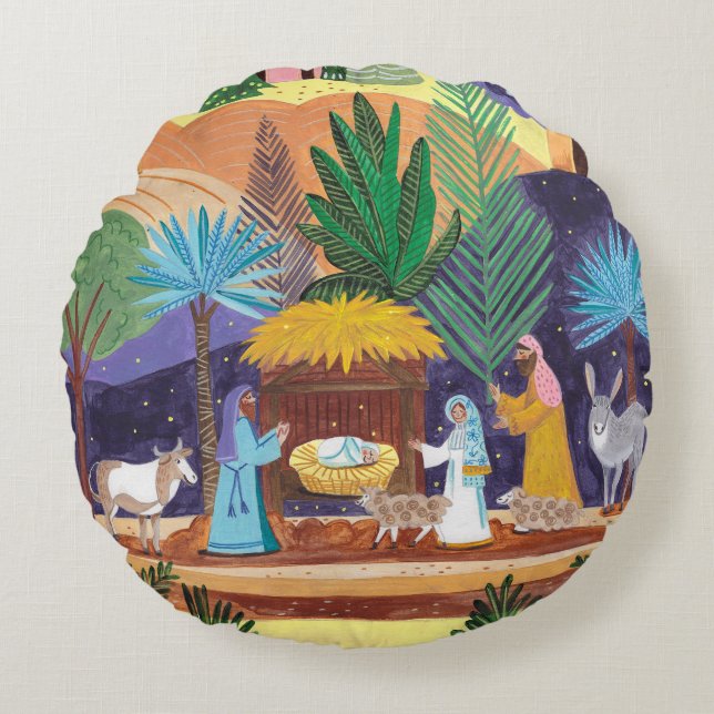 Religious Nativity Scene Glory to God Christmas Round Cushion (Front)
