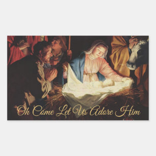 Religious Nativity Scene Gold Calligraphy Rectangular Sticker