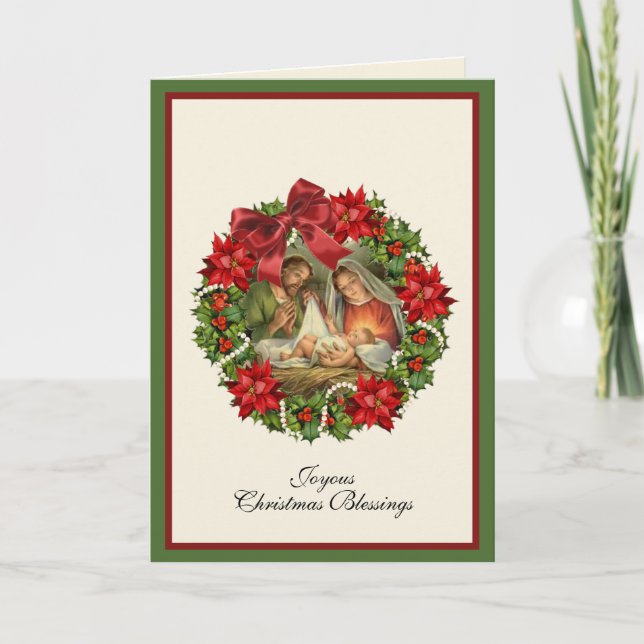 Religious Nativity Virgin Mary Jesus Joseph Floral Holiday Card (Front)