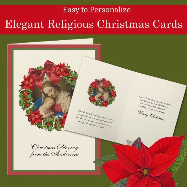 Religious Nativity Virgin Mary Jesus Joseph Floral Holiday Card (Traditional religious Christmas Cards with easy personalization )