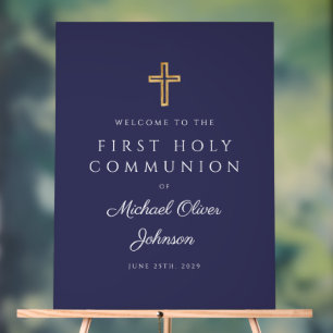 Religious Navy Blue Boy First Communion Welcome Acrylic Sign