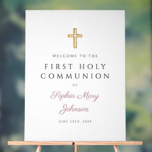 Religious Pink Script Girl First Communion Welcome Acrylic Sign
