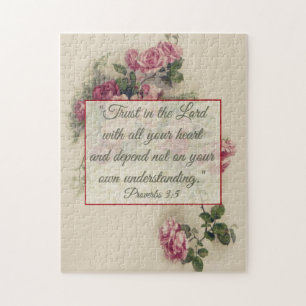 Religious Proverbs 3:5 Scripture w/pink roses Jigsaw Puzzle
