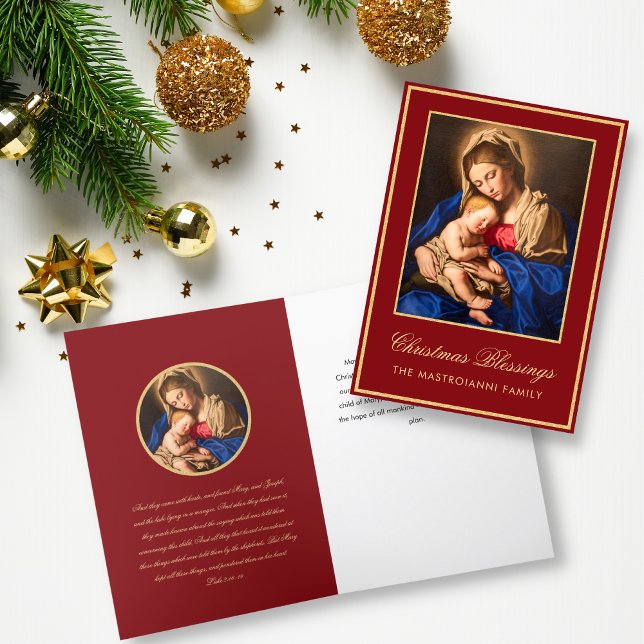 Religious Red Gold Madonna & Child Christmas Holiday Card (Red and gold Madonna and Child religious Christmas card for Catholics and Christians)