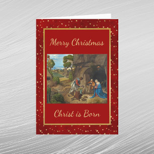 Religious Red Gold Stars Nativity Photo Christmas Card