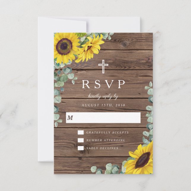 Religious Rustic Floral Sunflower Barn Wedding RSVP Card (Front)