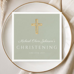 Religious Sage Green Wood Cross Christening Napkin
