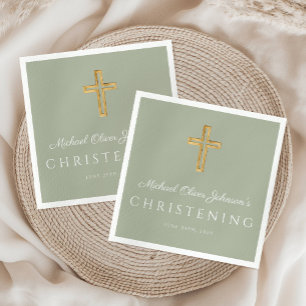 Religious Sage Green Wood Cross Christening  Napkin