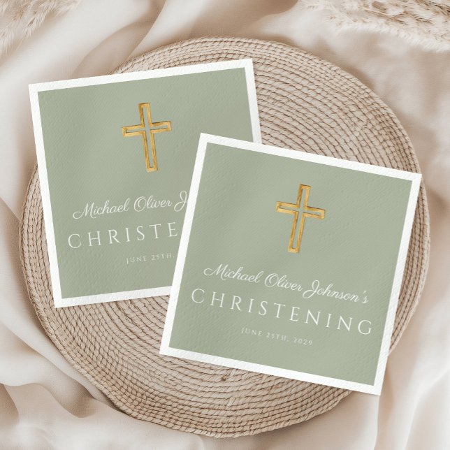 Religious Sage Green Wood Cross Christening  Napkin (Religious Sage Green Wood Cross Christening Napkins)