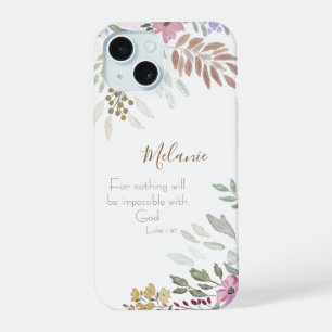 Religious Scripture Pink Watercolor Floral White iPhone 15 Case