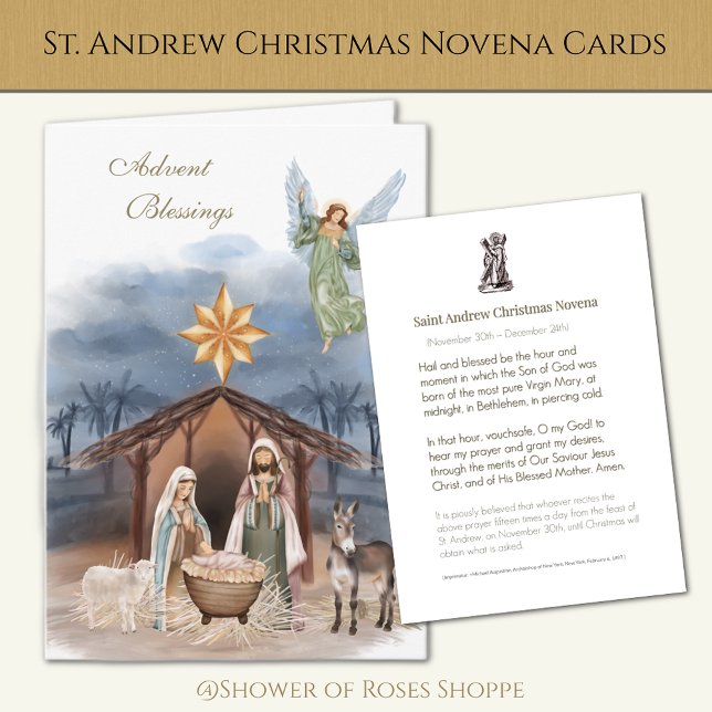 Religious St. Andrew  Christmas Novena Prayer  Holiday Card (Watercolor Nativity Scene with St. Andrew Christmas Novena inside. )