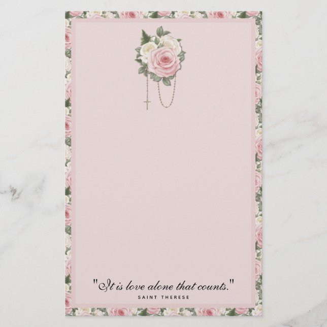 Religious St. Therese Quote Pink Roses Vintage  Stationery (Front)