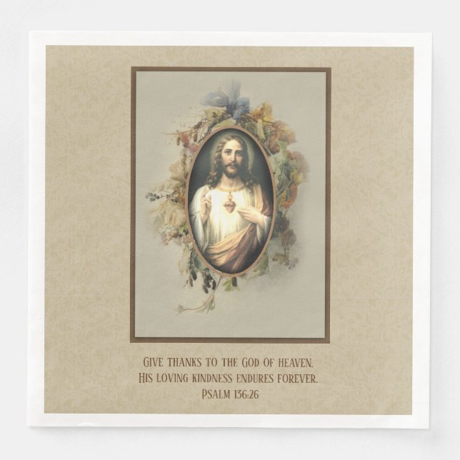 Religious Thanksgiving Sacred Heart Jesus Flowers Napkin (Front)