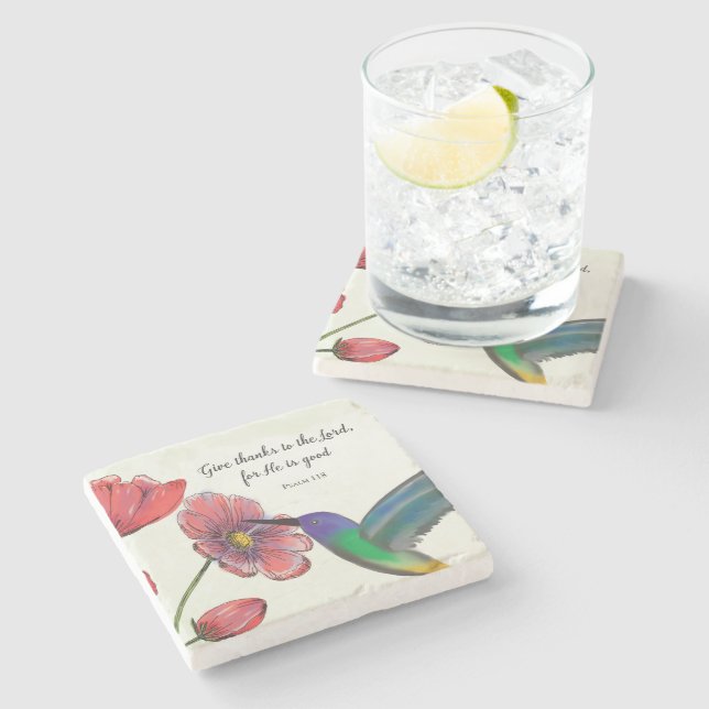 Religious Thinking of You Flowers with Hummingbird Stone Coaster (Side)
