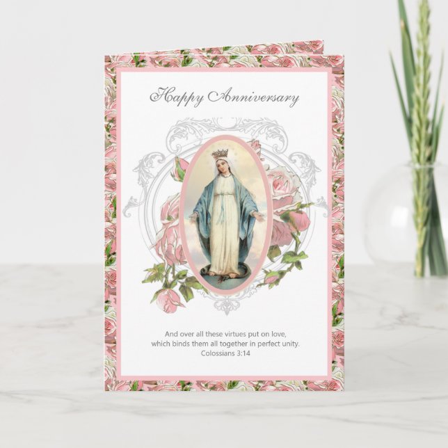 Religious Vintage Anniversary Virgin Mary Roses Card (Front)