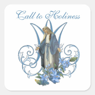 Religious Virgin Mary Catholic Vintage Blue Floral Square Sticker