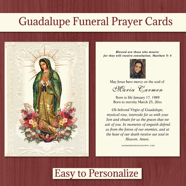 Religious Virgin Mary  Funeral Guadalupe Place Card (Catholic Our Lady of Guadalupe Funeral Prayer Cards - Easy to personalize! )