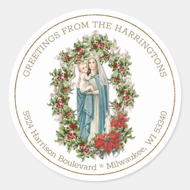 Religious Virgin Mary Jesus Christmas Poinsettias Classic Round Sticker (Front)